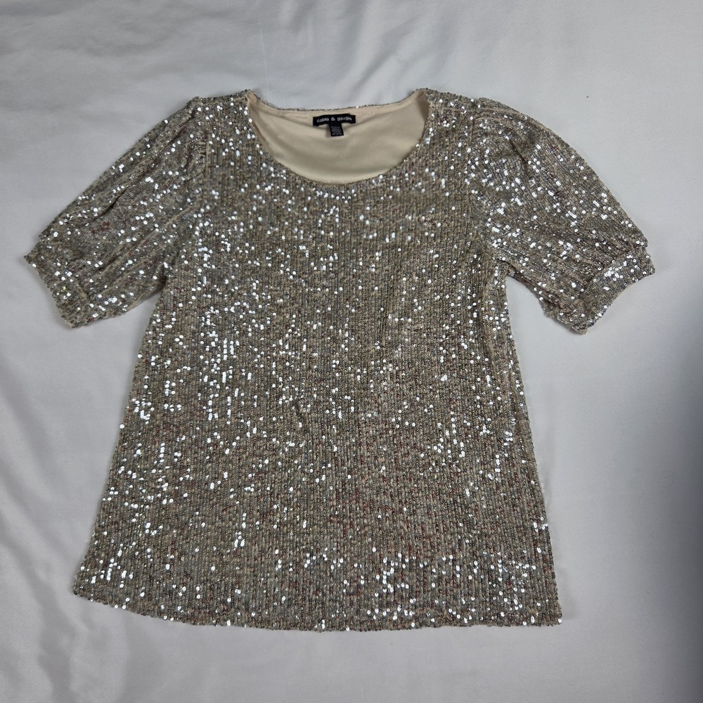 CABLE & GAUGE Women's Full Sequin Champagne Gold Blouse Size M‎